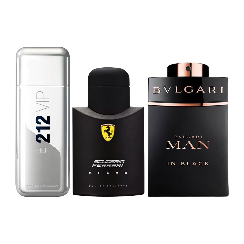 Kombination av 3 herrparfymer - 212 VIP, Ferrari Black och Bvlgari In Black [100 ml vardera]